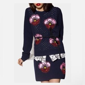 KENZO Tanami Knit Pointelle Crewneck Pullover Sweater size XS Navy 100% Wool